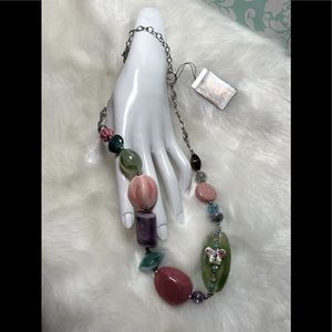 Spring pastels beaded necklace by Treska silver tone chain, lobster claw clasp.